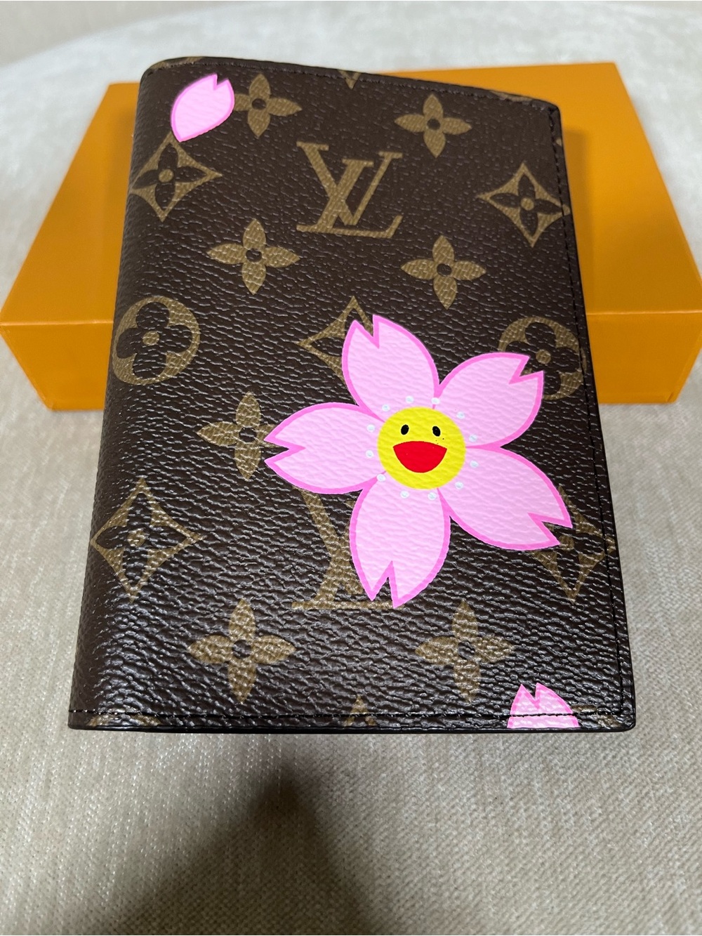 Brown Monogram Passport Cover with Pink Flower